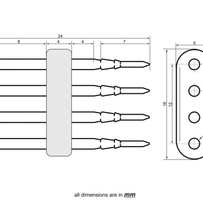 Desenho técnico de conector com quatro pinos e medidas em milímetros