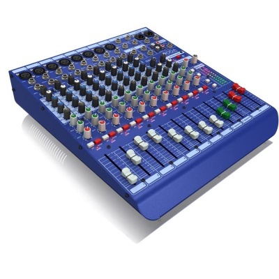 Mesa de mistura áudio azul com botões e faders