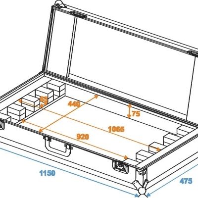 Desenho técnico de mala retangular aberta com dimensões e compartimentos internos