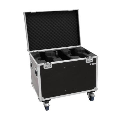 Caixa de transporte rígida preta aberta com interior acolchoado e rodas