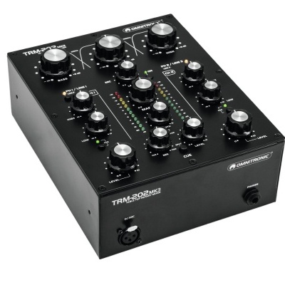 Mesa de mistura preta Omnitronic TRM-202 MK3 com botões e LEDs coloridos
