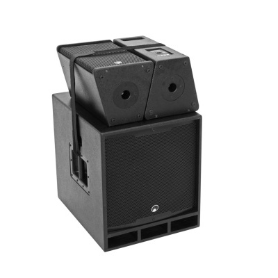 Sistema de colunas áudio preto com subwoofer e dois altifalantes pequenos.