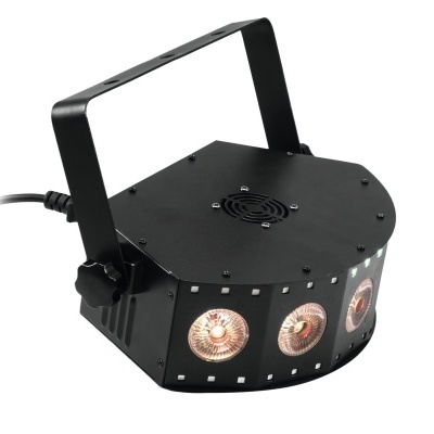 Dispositivo de iluminação LED preto com três luzes circulares e alça para suspensão