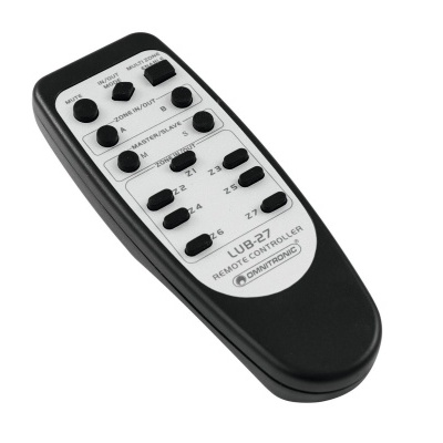 Comando remoto preto e cinzento com botões e texto LUB-27