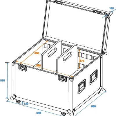 Caixa rígida com tampa aberta, divisórias internas, alças, rodas e medidas técnicas