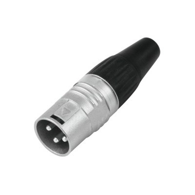 Conector XLR macho metálico prateado com pinos e extremidade preta