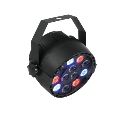 Refletor LED redondo com várias luzes coloridas e suporte preto
