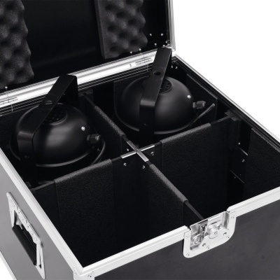 Caixa de transporte preta com dois equipamentos redondos pretos com alças dentro