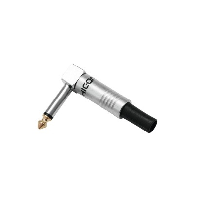 Conector de áudio jack 6,35 mm em ângulo reto com corpo prateado e ponta dourada