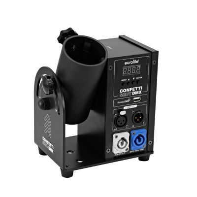 Máquina de confetis Eurolite preta com painel digital e conectores