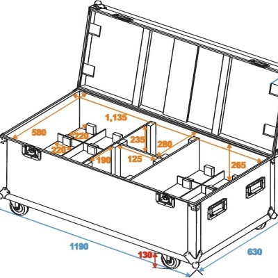 Caixa de transporte retangular com tampa aberta e divisões internas, rodas e medidas em milímetros.
