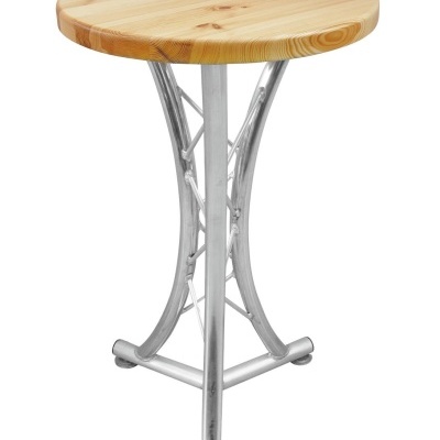 Mesa redonda com tampo de madeira e base metálica prateada