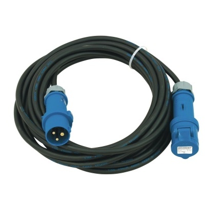 Cabo elétrico preto com terminações azuis em fundo branco