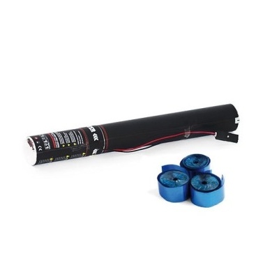 Lança-confetes preto com três rolos de confetes azuis