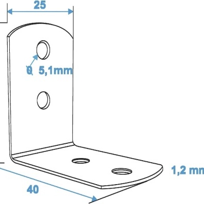 Suporte metálico em L com orifícios e medidas em milímetros