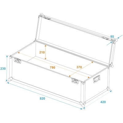 Baú aberto com dimensões técnicas desenhadas