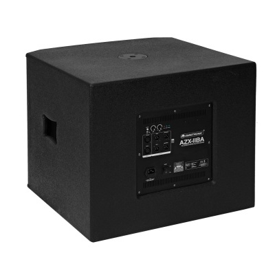 Subwoofer preto com painel traseiro e texto AZX 18BA