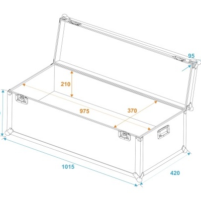 Desenho técnico de baú de armazenamento aberto com medidas