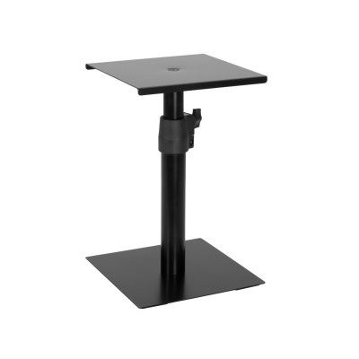 Suporte de mesa ajustável em metal preto com base e superfície quadradas