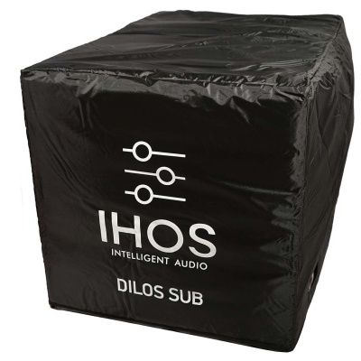 Capa preta para subwoofer com texto branco IHOS INTELLIGENT AUDIO DILOS SUB