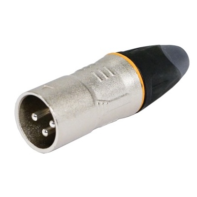 Conector XLR metálico de três pinos com acabamento prateado e ponta preta