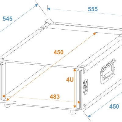 Caixa de transporte ou rack para equipamento com medidas técnicas em milímetros