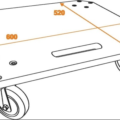 Carrinho metálico com rodas e medidas anotadas em milímetros