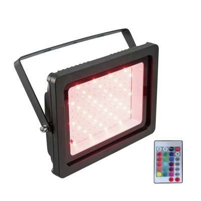 Projetor LED retangular preto com luz vermelha e controlo remoto colorido