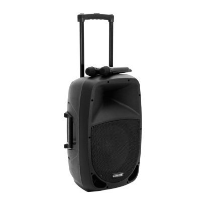 Coluna de som preta portátil com alça extensível e microfone