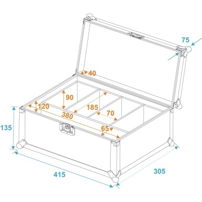 Caixa de ferramentas metálica prateada com compartimentos internos e dimensões marcadas.
