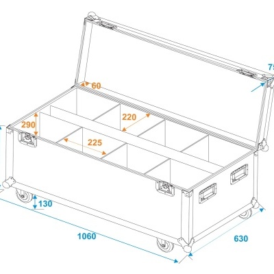 Desenho técnico de tronco de armazenamento com divisórias e medidas anotadas