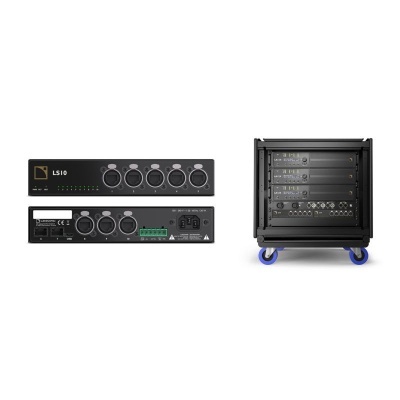 Dispositivos eletrónicos pretos LS10 com conectores e unidade de rack preta com módulos e rodas