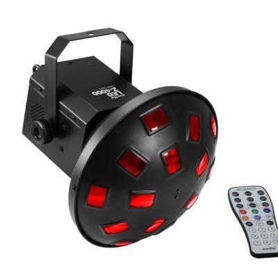 Luz de palco preta com janelas vermelhas e controlo remoto cinzento.