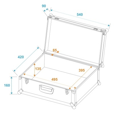 Desenho técnico de maleta com medidas em milímetros e tampa aberta