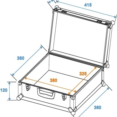 Mala rígida aberta com dimensões indicadas