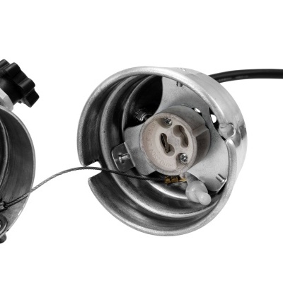 Lâmpada industrial metálica prateada com suporte para lâmpada e cabos eléctricos