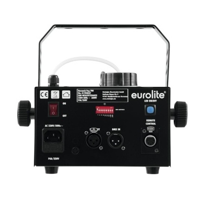 Dispositivo LED Eurolite preto com botões, conectores e alça metálica.