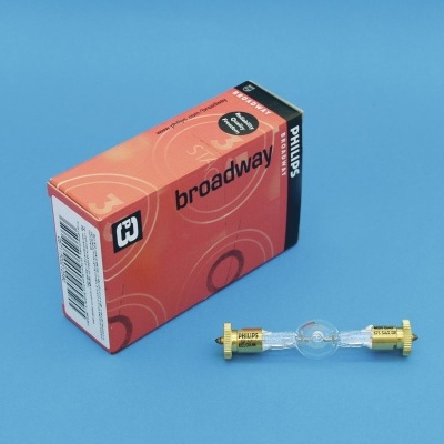 Lâmpada halógena Philips e caixa vermelha Broadway sobre fundo azul