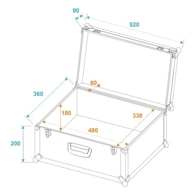 Caixa aberta com dimensões técnicas anotadas em milímetros