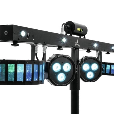 Equipamento de iluminação LED para eventos, metálico preto com luzes azuis e verdes