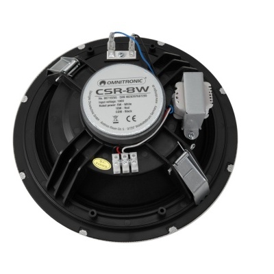 Coluna de som preta OMNITRONIC CSR-8W com cabos e etiquetas visíveis.