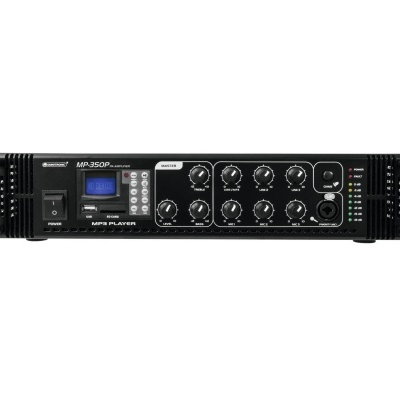 Amplificador MP3 preto com ecrã azul e botões