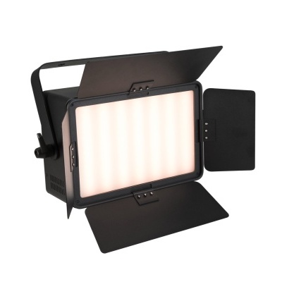 Luz de estúdio LED preta retangular com abas de controlo de luz abertas