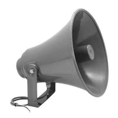 Megafone industrial cinzento com suporte metálico e cabo preto