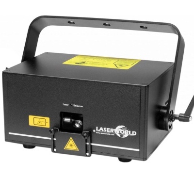 Dispositivo laser preto com suporte metálico e antena, com etiquetas amarelas de aviso