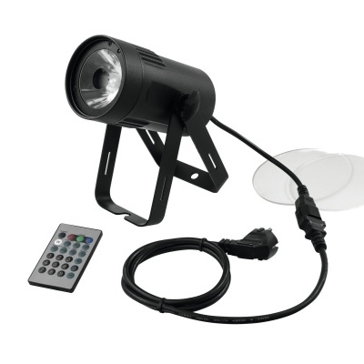 Projetor de luz LED preto com controlo remoto e acessórios