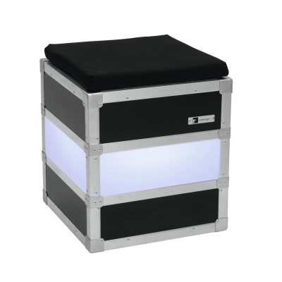Cubo multifuncional com assento acolchoado preto, moldura metálica e luz LED interior branca.