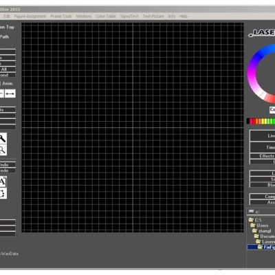 Interface do software Laserworld Showeditor 2015 com grelha e menus visíveis