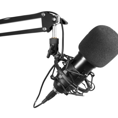 Microfone preto com espuma protetora e suporte articulado