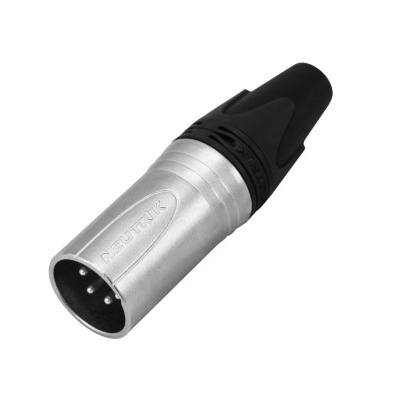 Conector XLR metálico prateado com três pinos e parte superior preta